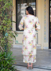 Ivory Floral Viscose Kurta with Printed Cotton Pant & Button Details-P1345IVORY